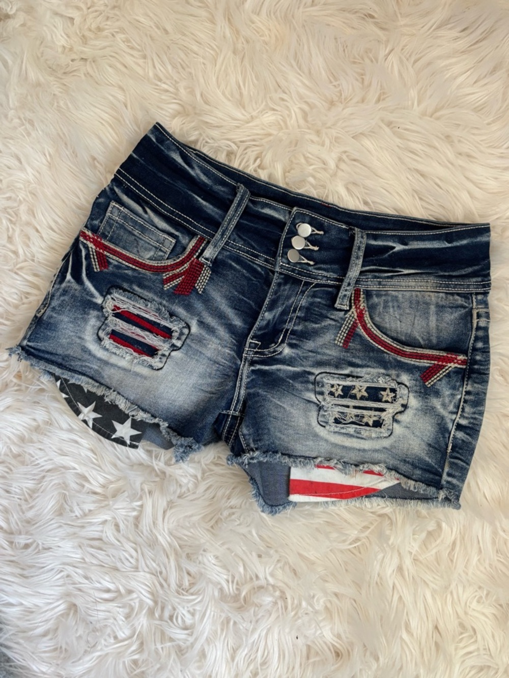 Flamingo Flamingals American Flag Patched Cut Out Denim Shorts USA 4th patriotic